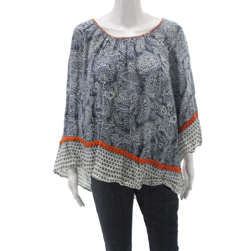 Calypso Saint Barth Women Tunic Blouse Blue Paisley Linen 3/4 Sleeve Size S